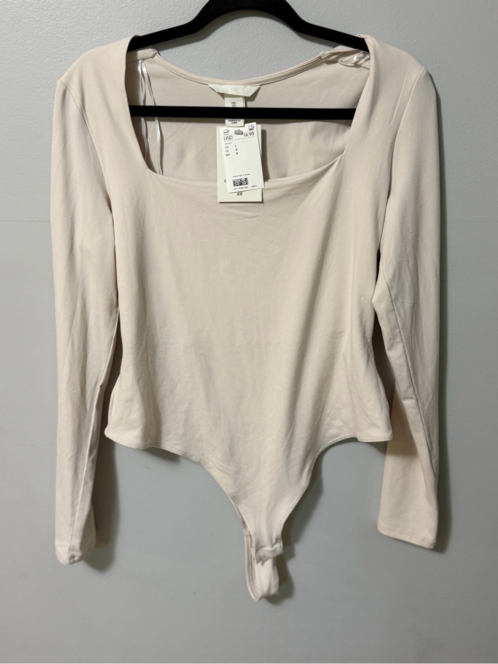 NWT H&M Women’s Large Cream Long Sleeve Square Neck Thong Bodysuit